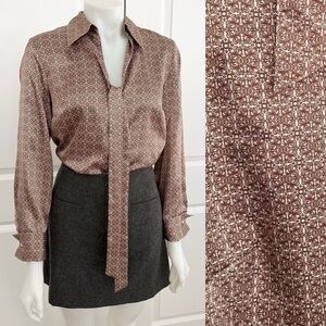 Apostrophe Patterned Satin Tie Front Button Down Blouse Shirt With French Cuffs